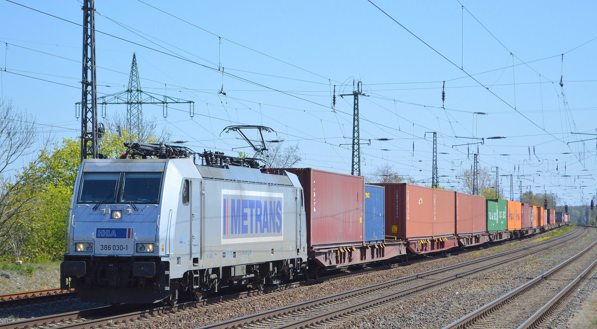 METRANS Rail s.r.o., Praha [CZ] mit  386 030-1  [NVR-Nummer: 91 54 7386 030-1 CZ-MT] und Containerzug am 21.04.20 Bf. Saarmund.