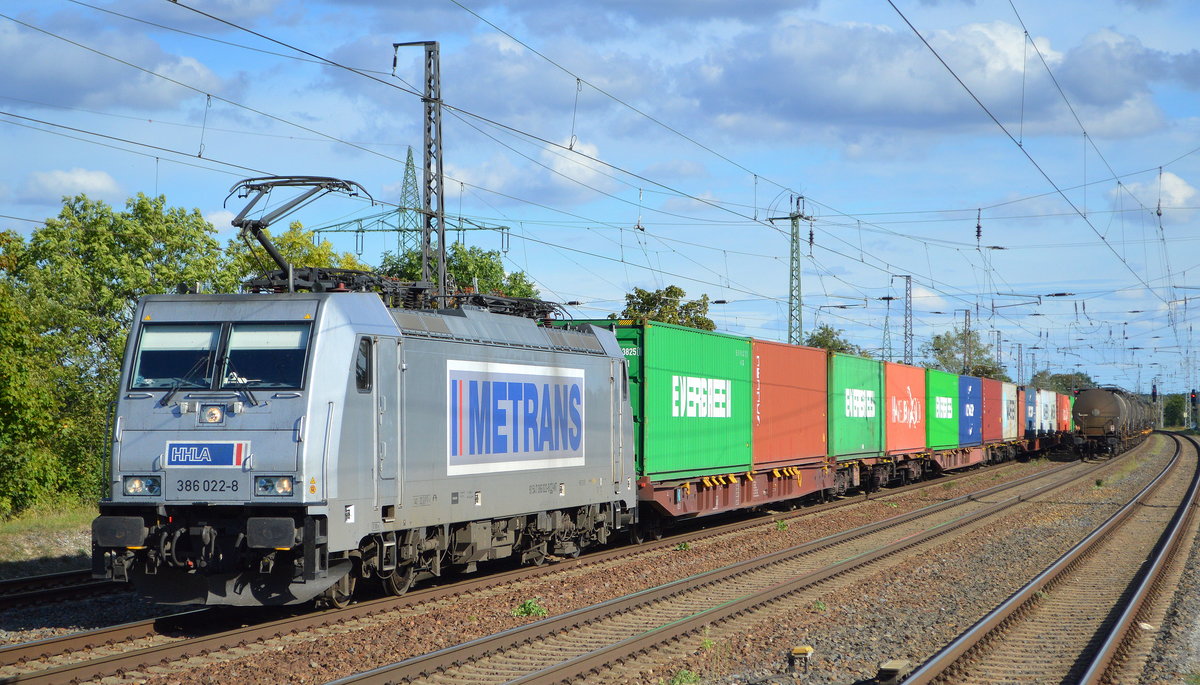 METRANS Rail s.r.o., Praha [CZ] mit  386 022-8  [NVR-Nummer: 91 54 7386 022-8 CZ-MT) mit Containerzug am 28.09.20 Bf. Saarmund. 