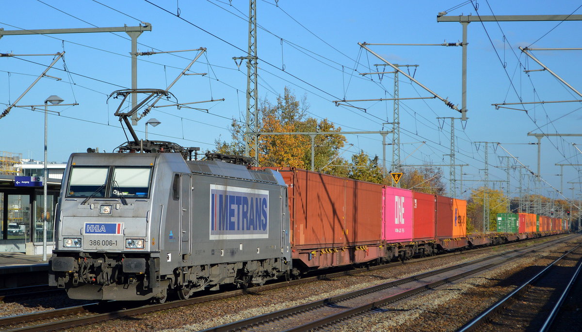 METRANS Rail s.r.o., Praha [CZ] mit  386 006-1  [NVR-Nummer: 91 54 7386 006-1 CZ-MT] und Containerzug am 16.11.20 Bf. Golm (Potsdam).
