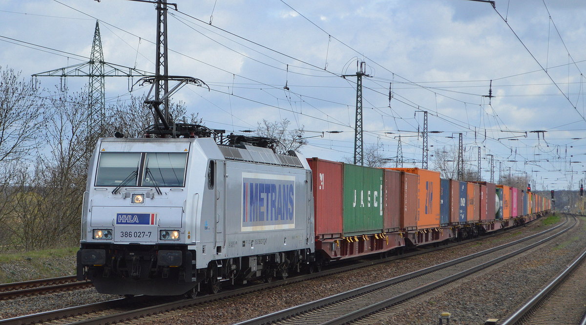 METRANS Rail s.r.o., Praha [CZ] mit  386 027-7  [NVR-Nummer: 91 54 7386 027-7 CZ-MT] und Containerzug am 13.04.21 Bf. Saarmund.