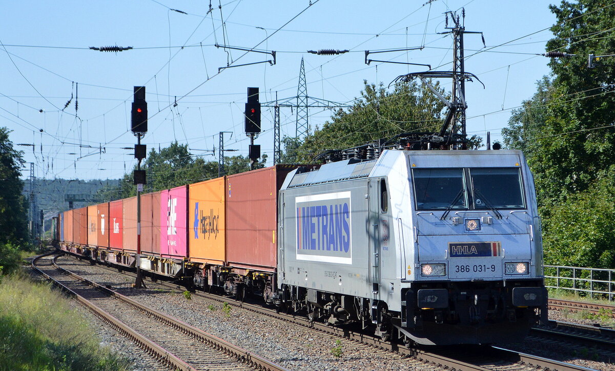 METRANS Rail s.r.o., Praha [CZ] mit  386 031-9  [NVR-Nummer: 91 54 7386 031-9 CZ-MT] und Containerzug am 09.09.21 Bf. Saarmund.