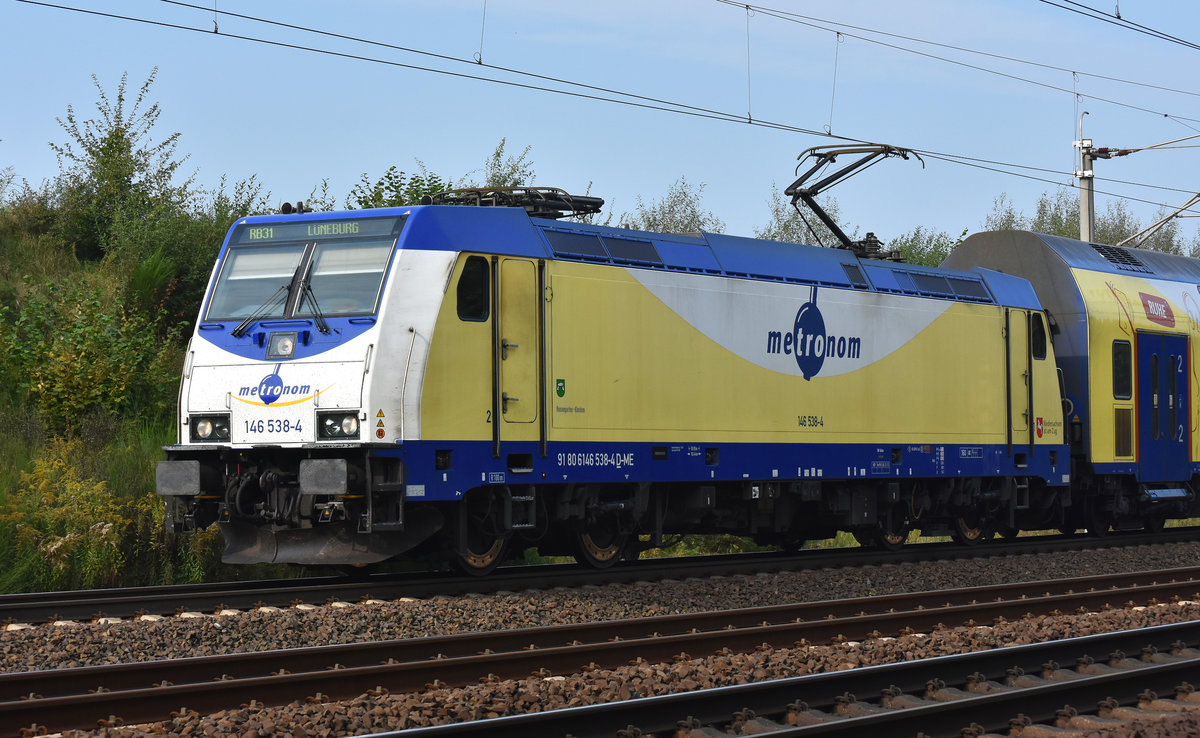 Metronom als RB31 mit der BR 146 538-4 kommend aus Hamburg-Harburg. Höhe Bardowick 23.09.2017