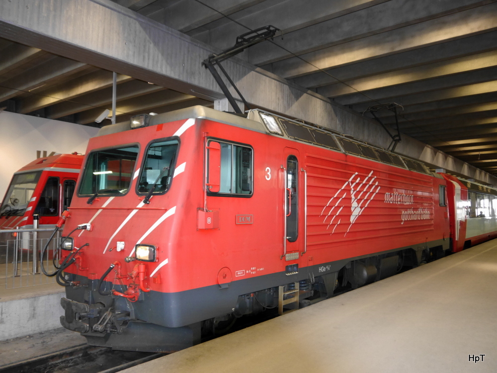 MGB - Lok HGe 4/4  3 im Bahnhof von Zermatt am 12.04.2014