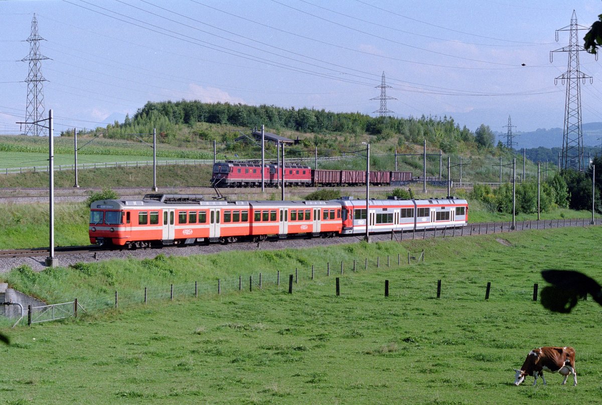 Mischtraktion der RBS-Be 4/8 52 und -Be 4/8 63 am 22. August 2000 auf der damaligen Linie J zwischen Worblaufen und Oberzollikofen, im Hintergrund ist ein Güterzug mit zwei SBB-Re 6/6 zu sehen.