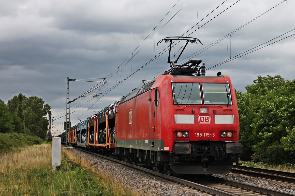 Mit dem Autoganzzug (Mannheim Rbf - Basel Bad Rbf) war am Nachmittag des 27.07.2017 die 185 115-3 beauftragt, als sie südlich vom Hp. Buggingen das meiste ihrer Reise schon hinter sich hatte.