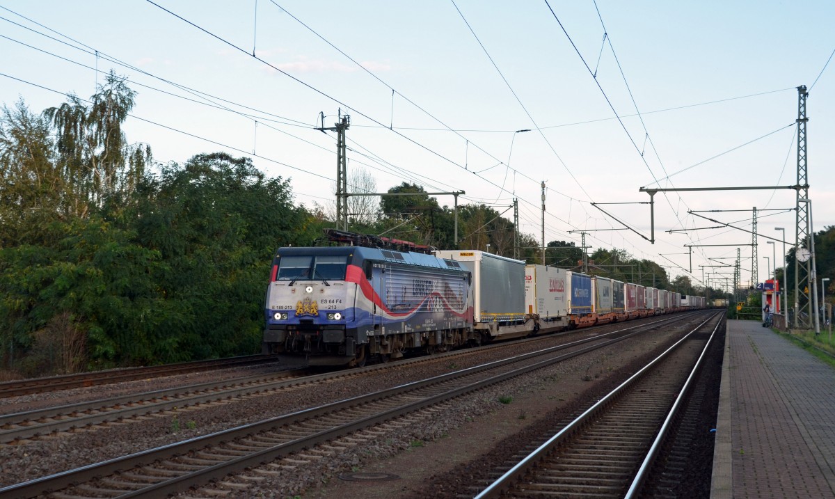 Mit dem Containerpendel aus Poznan nach Rotterdam rollt 189 213 der ERS Railways am 14.10.14 durch Niederndodeleben Richtung Braunschweig.