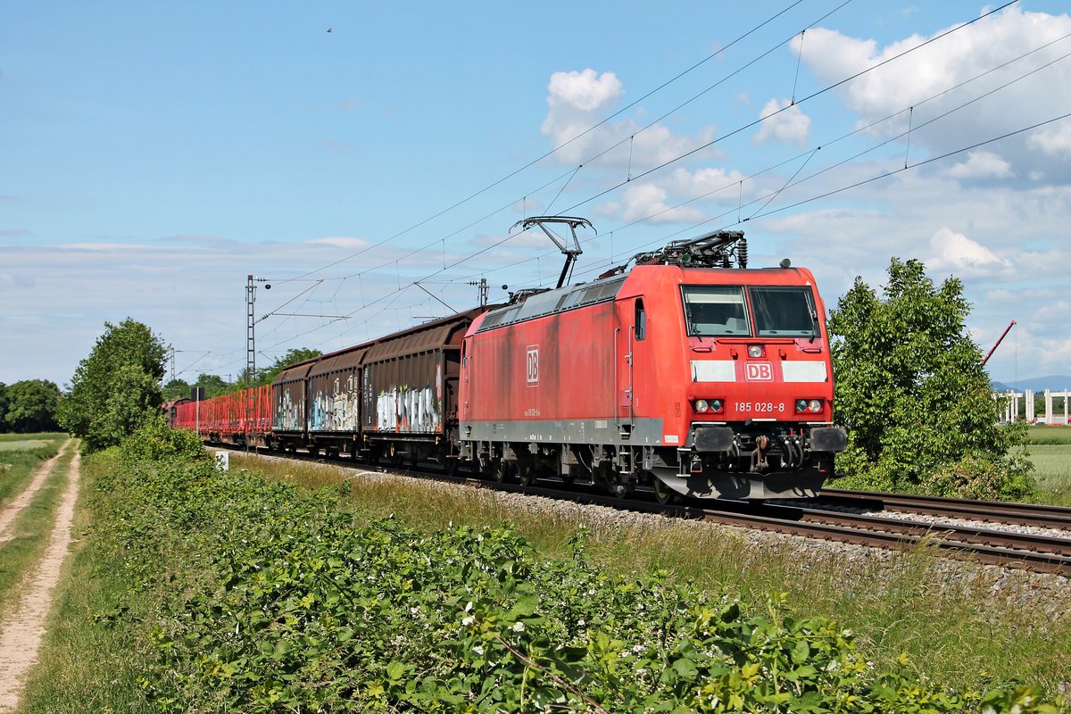 Mit dem EZ 44601 (Kehl - Basel SBB RB) fuhr am Nachmittag des 25.05.2020 die 185 028-8 südlich von Buggingen über die Rheintalbahn durchs Markgräflerland in Richtung Schweizer Grenze.