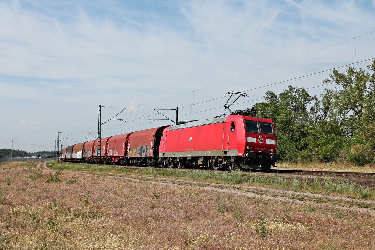 Mit dem EZ 45002 (Chiasso Smistamento - Mannheim Rbf) fuhr am Morgen des 03.06.2020 die 185 103-9 nördlich von Waghäusel über die Rheintalbahn in Richtung Neulußheim.