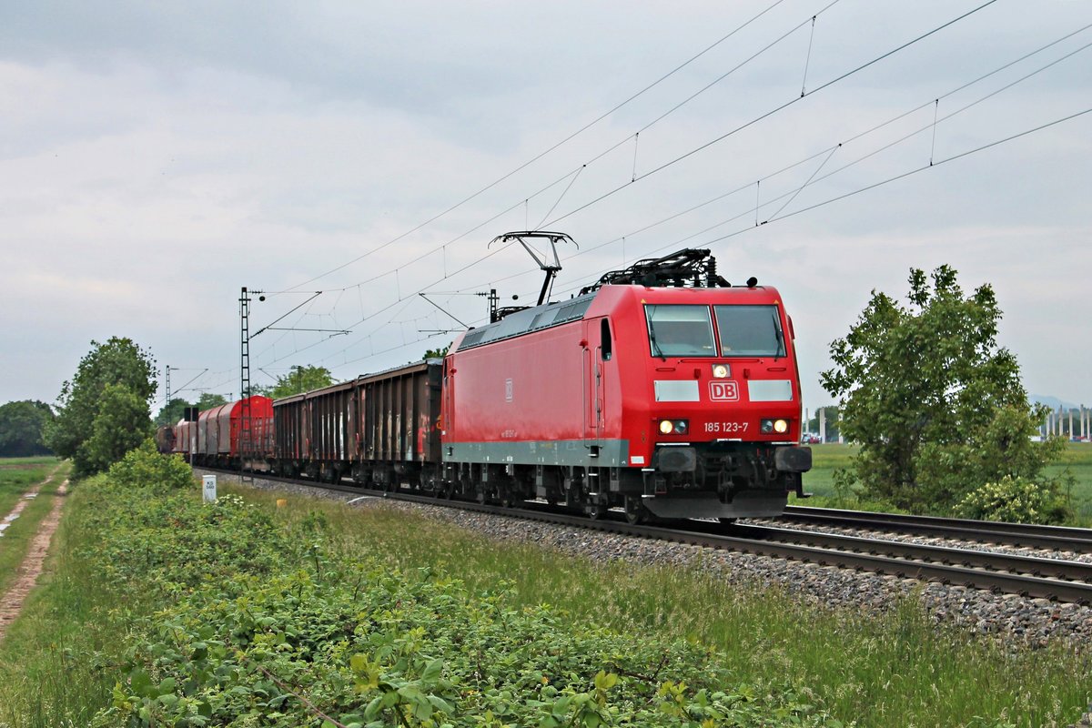Mit dem EZ 45023 (Mannheim Rbf - Chiasso Smistamento) fuhr am spätan Nachmittag des 14.05.2020 die 185 123-7 bei Buggingen über die KBS 702 durchs Rheintal in Richtung Müllheim (Baden).
