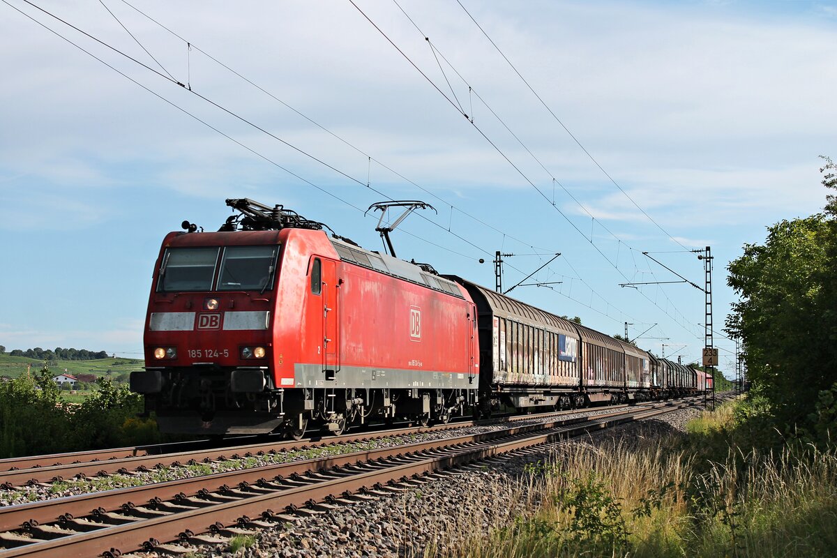 Mit dem leeren  Novelis -Aluzug EZ 48610 (Basel SBB RB - Göttingen Gbf) fuhr am Abend des 08.07.2020 die 185 124-5 nördlich von Hügelheim über die KBS 702 (Rheintalbahn) in Richtung Buggingen.