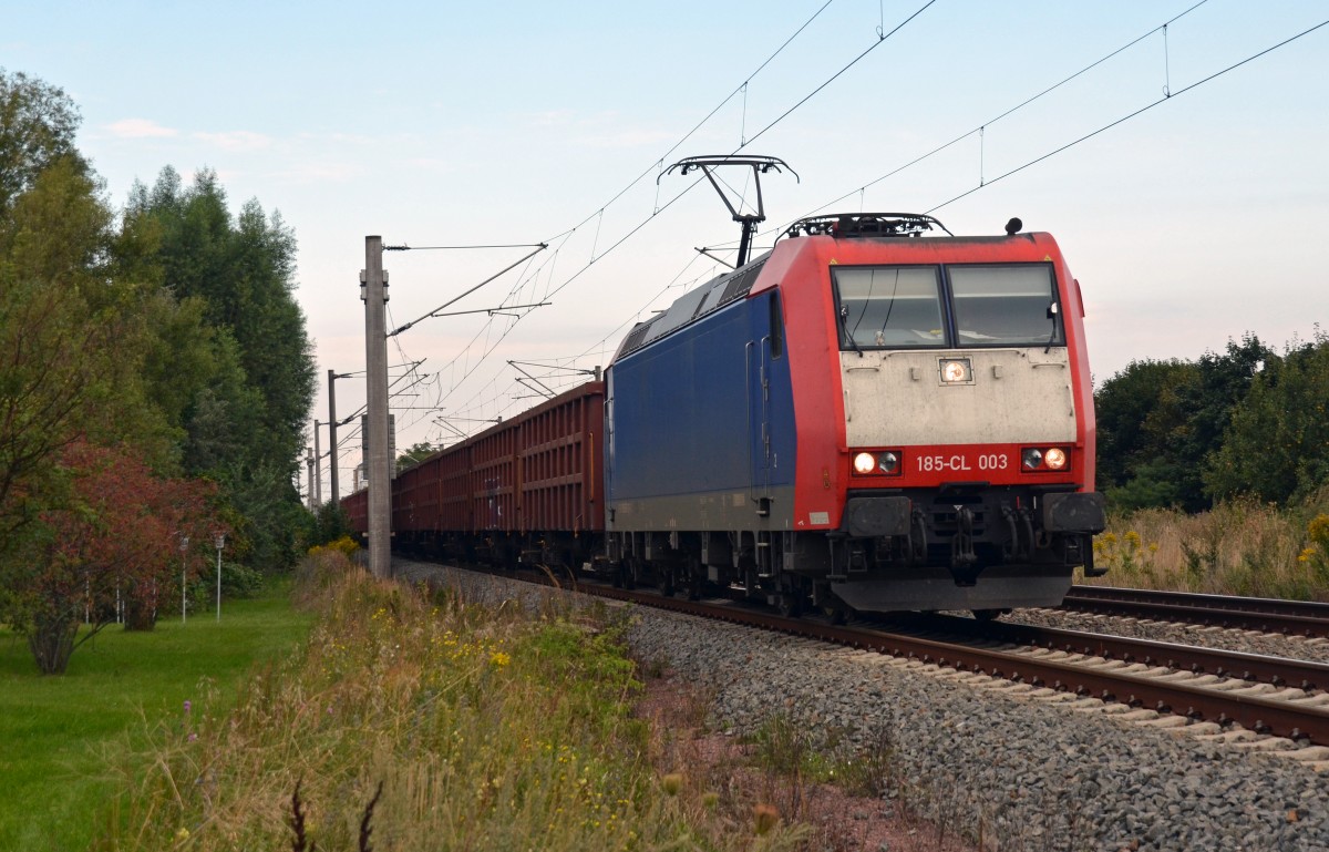 Mit dem Leerkohlezug von Helmstedt nach Profen fuhr 185-CL 003 am 23.08.14 durch Greppin Richtung Bitterfeld/Leipzig. In Plagwitz wird auf Dieseltraktion umgespannt.