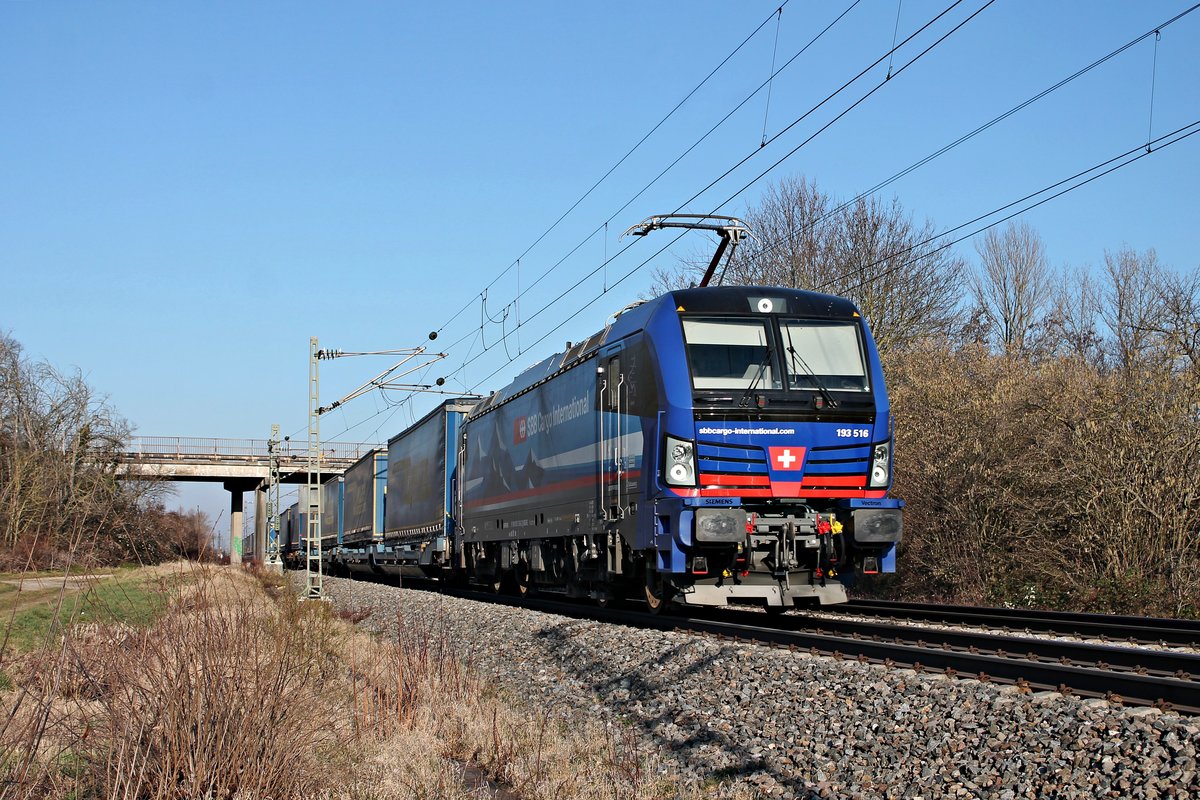 Mit dem  LKW Walter -KLV (Lübeck Skandinavienkai - Novara Boschetto) fuhr am Nachmittag des 21.01.2020 die Südleasing/SBBCI 193 516  Aare  südlich vom Haltepunkt Buggingen über die Rheintalbahn in Richtung Schweizer Grenze.