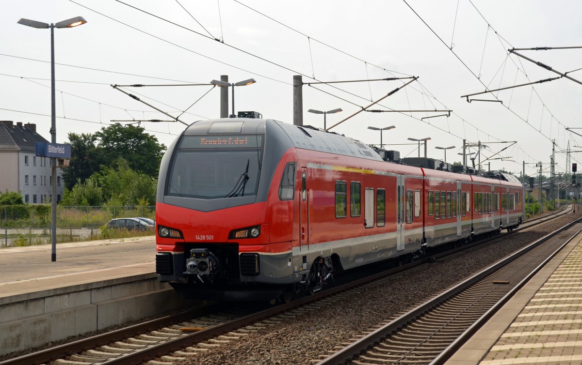 Mit dem neuen 1428 001 von Stadler fanden am 07.08.14 Probefahrten statt. Von Halle(S) kommend wurde Bitterfeld in Richtung Wittenberg durchfahren.