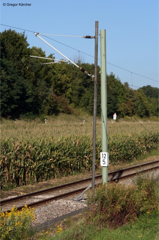 Mit dem Starkregen Ende Mai/Anfang Juni 2013 wurde dieser Oberleitungsmast untersplt und steht seit dem nicht mehr gerade. Daher musste die Fahrleitung hier mit einem Behelfsmast gesichert werden. Aufgenommen am 24.09.2013 an der Katzbachbahn Bruchsal-Odenheim bei Zeutern. Hinweis: Das Bild entstand legal vom Radweg.