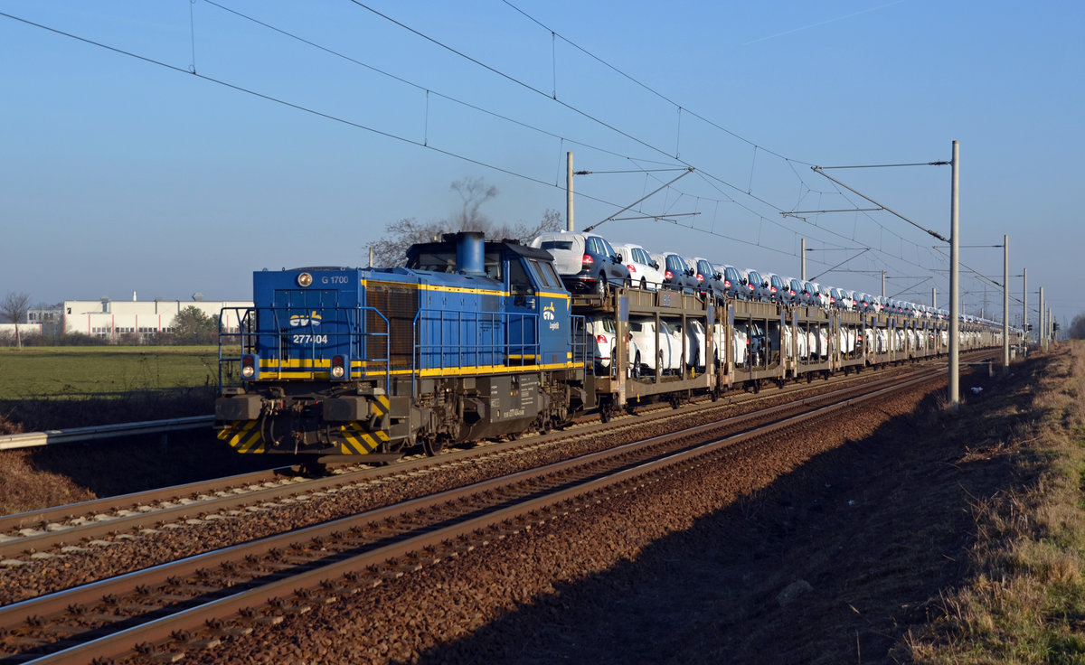 Mit diesem BLG-Autozug am Haken hatte 277 404 der evb am 15.02.17 Mühe als sie ihn durch Rodleben Richtung Magdeburg zog.