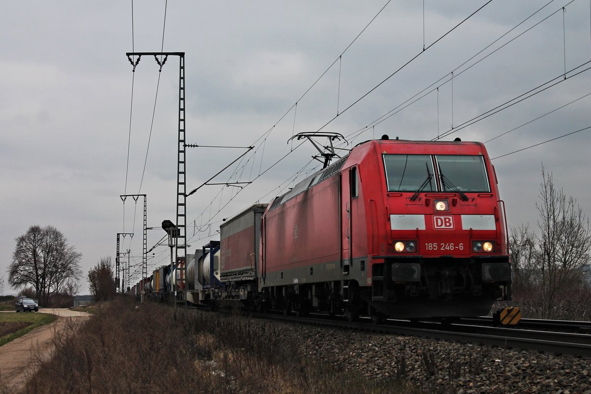Mit einem bunten Containerzug fuhr am trüben Mittag des 19.02.2018 die 185 246-6 bei Müllheim (Baden) über die KBS 703 durchs Rheintal in Richtung Basel.