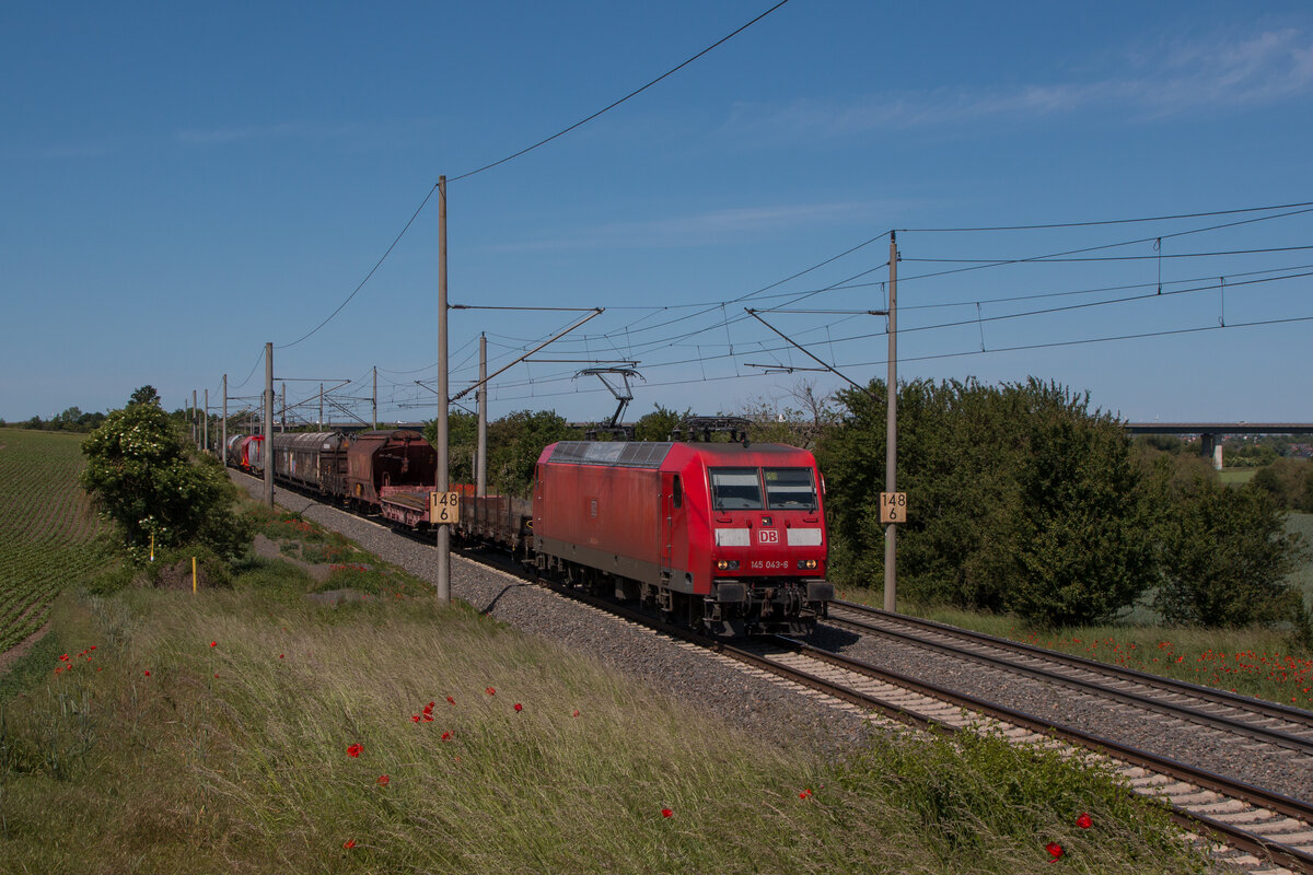 Mit einem bunten gemischten Güterzug ist 145 043-6 auf dem Weg in Richtung Magdeburg. Fast jeder Wagentyp nur einmal vertreten, könnte genauso auch auf der Modellbahn unterwegs sein. Fotografiert am 03.06.2023 am Stadtrand von Magdeburg. 