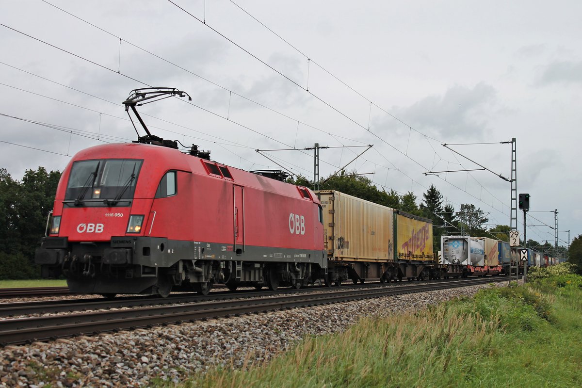 Mit einem Containerzug am Haken fuhr am 12.09.2017 die 1116 050 südlich von Zorneding über die KBS 703 in Richtung Baldham.