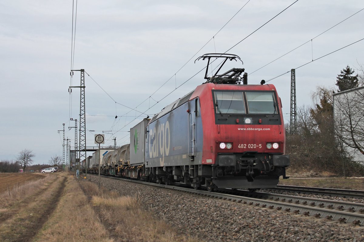 Mit einem Containerzug aus Belgien fuhr am Nachmittag des 09.02.2019 die Re 482 020-5 , welche den Zug seit Aachen West bespannte, beim Haltepunkt von Auggen über die Rheintalbahn in Richtung Schweiz.
