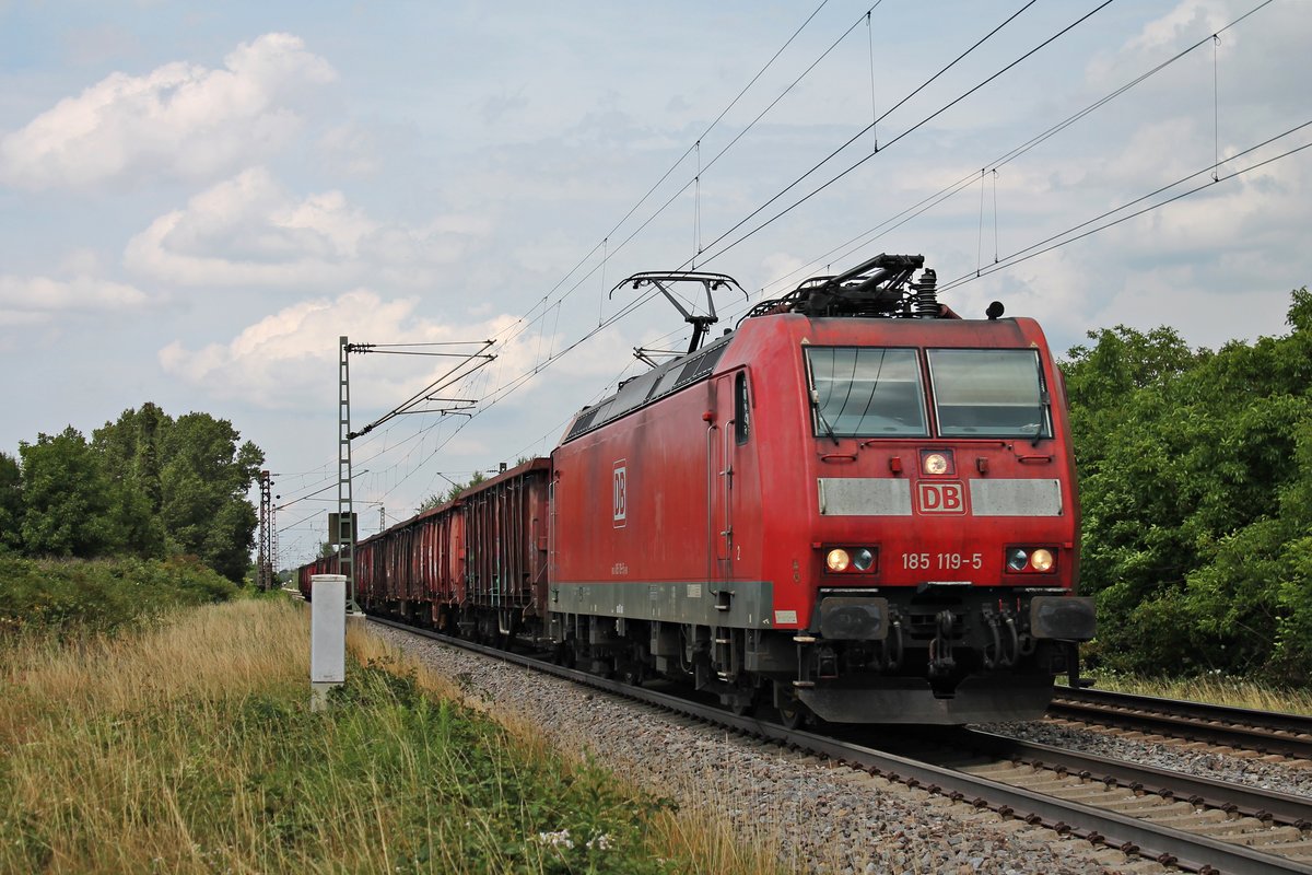 Mit einem E-Wagenzug fuhr am Nachmittag des 22.07.2017 die 185 119-5 bei Buggingen über die KBS 703 in Richtung Schweizer Grenze.