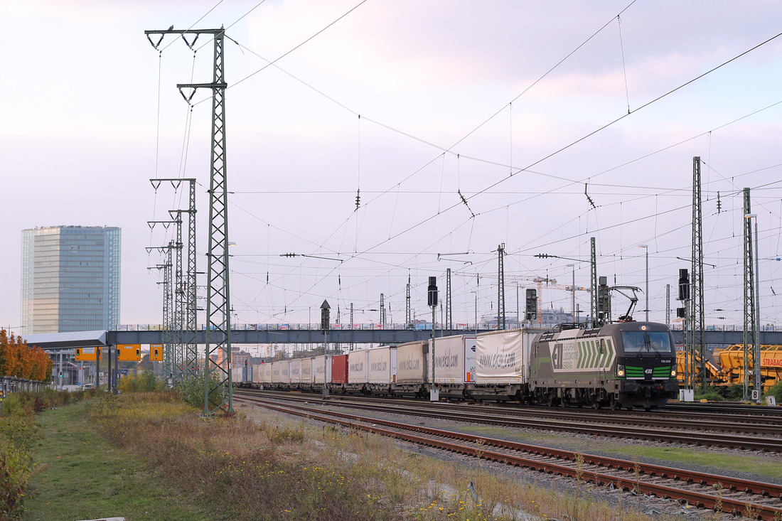 Mit einem der EKOL-KLV-Züge befährt Lokomotion 193 208 die Güterumgehungsgleise des Mannheimer Hauptbahnhofs.
Fotografiert am 26. Oktober 2016.