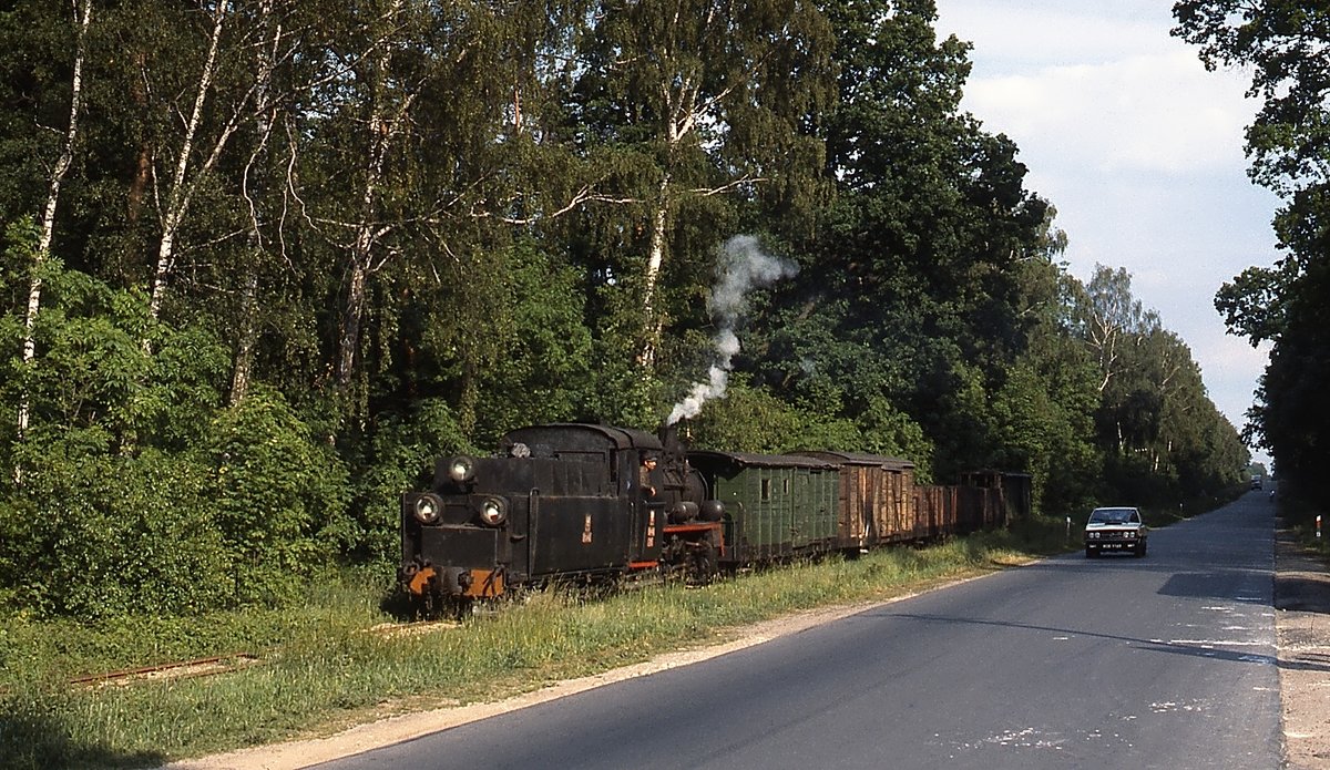 Mit einem (Foto-)Güterzug fährt eine Px48 im Juni 1990 von Niechanowo nach Gniezno