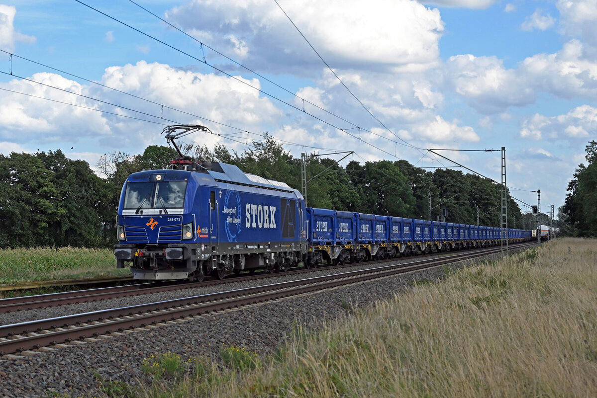 Mit einem Ganzzug Stork-Container aus dem nahen Piesteritz rollte am 08.09.26 248 073 der mkb durch J�trichau Richtung Magdeburg.