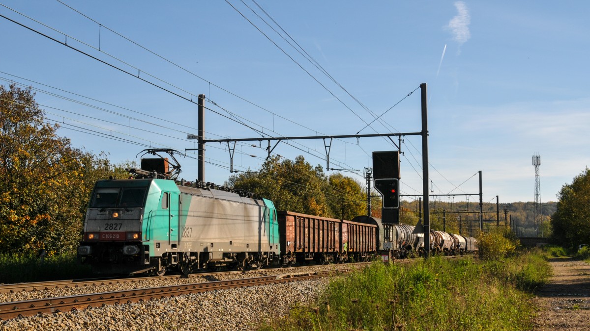 Mit einem gemischten Güterzug am Haken fährt Cobra-Lok 2827 von Aachen-West kommend Richtung Visé. Aufgenommen am 18/10/2014 bei Remersdzel.