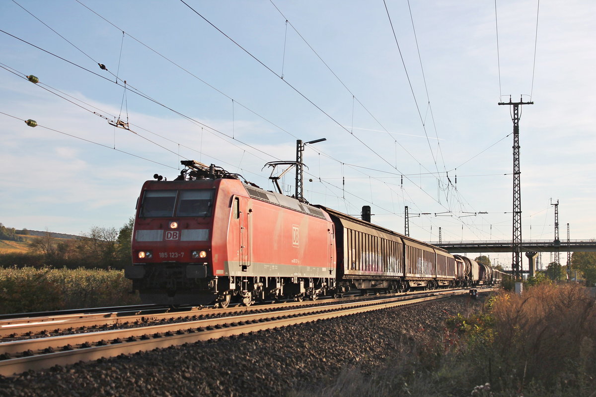 Mit einem gemischten Güterzug (Chiasso Smistamento - Mannheim Rbf) fuhr am 26.10.2017 die 185 123-7 bei Müllheim (Baden) in Richtung Norden.