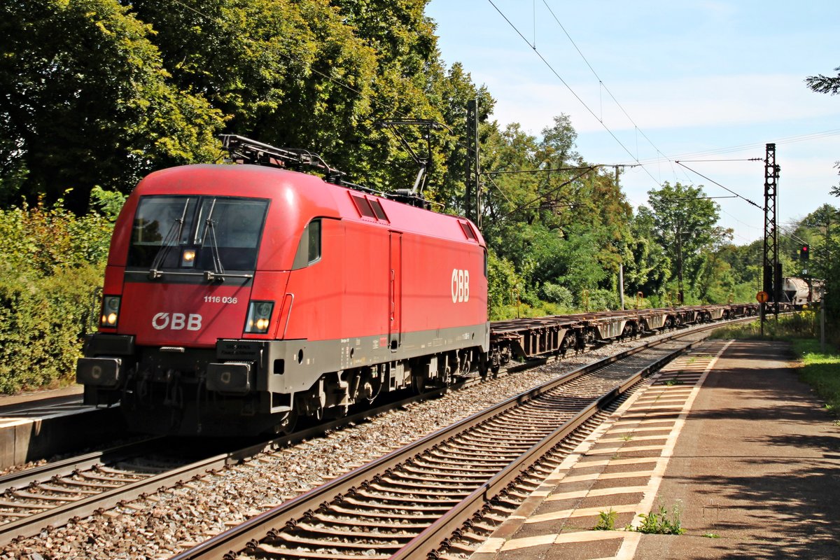 Mit einem gemischten Güterzug fuhr am 27.08.2015 die 1116 036 aus Richtung Regensburg durch den Haltepunkt von Etterzhasuen gen Nürnberg.