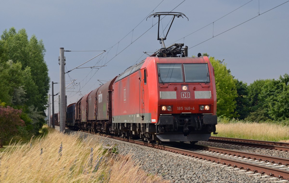 Mit einem gemischten Güterzug rollt 185 148 am 21.06.15 durch Greppin Richtung Bitterfeld.