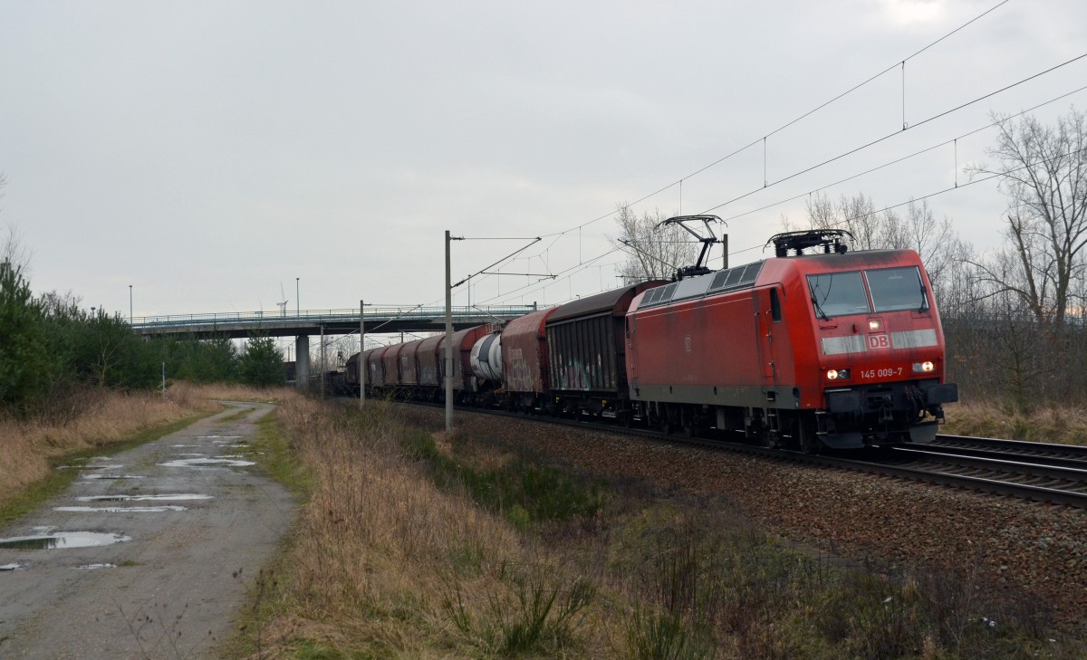 Mit einem gemischten Güterzug rollte 145 009 am 03.02.15 durch Petersroda Richtung Bitterfeld.