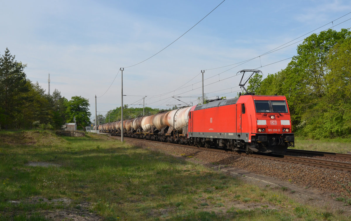 Mit einem Kesselwagenzug am Haken rollte 185 259 am 10.05.20 durch Burgkemnitz Richtung Wittenberg.