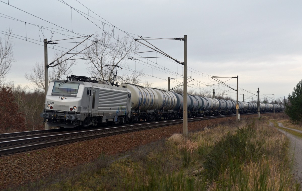 Mit einem Kesselwagenzug am Haken rollt 37029 am 18.12.14 durch Petersroda Richtung Leipzig.