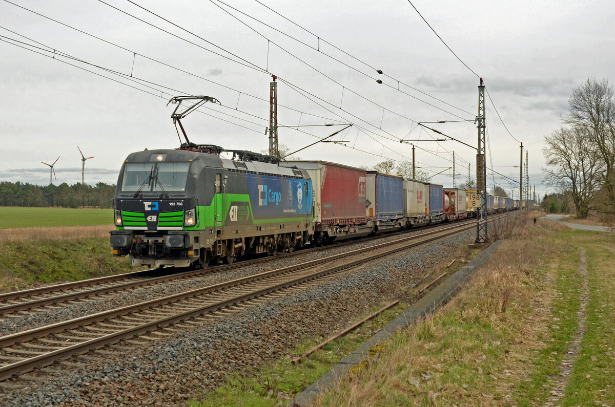 Mit einem KLV-Zug nach Lehrte am Haken rollte 193 758 der CD Cargo am 23.02.24 durch Wittenberg-Labetz Richtung Dessau.