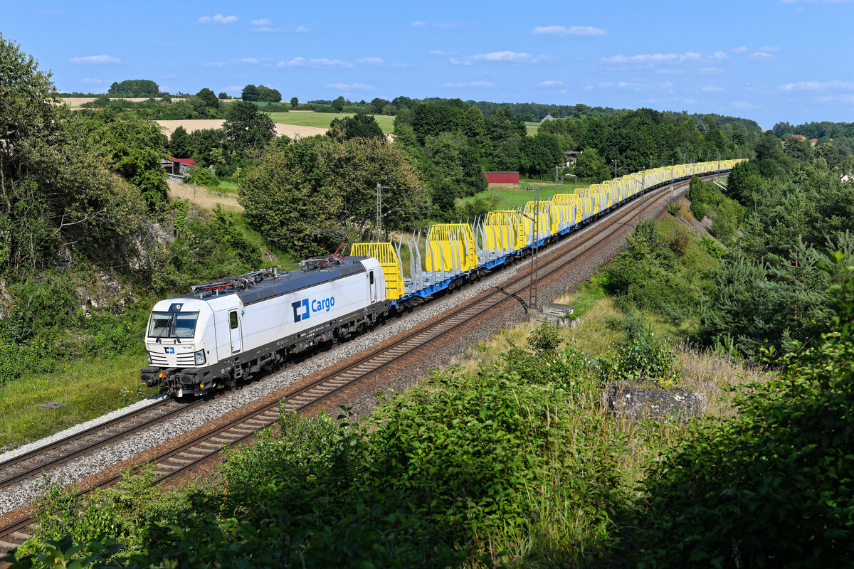 Mit einem leeren Holzzug, bestehend aus den neuen Smart GigaWood Waggons von Innofreight, fuhr die für ČD Cargo im Einsatz stehende 193 585 am 21. Juli 2021 bei Laaber in der Oberpfalz in Richtung Westen. 