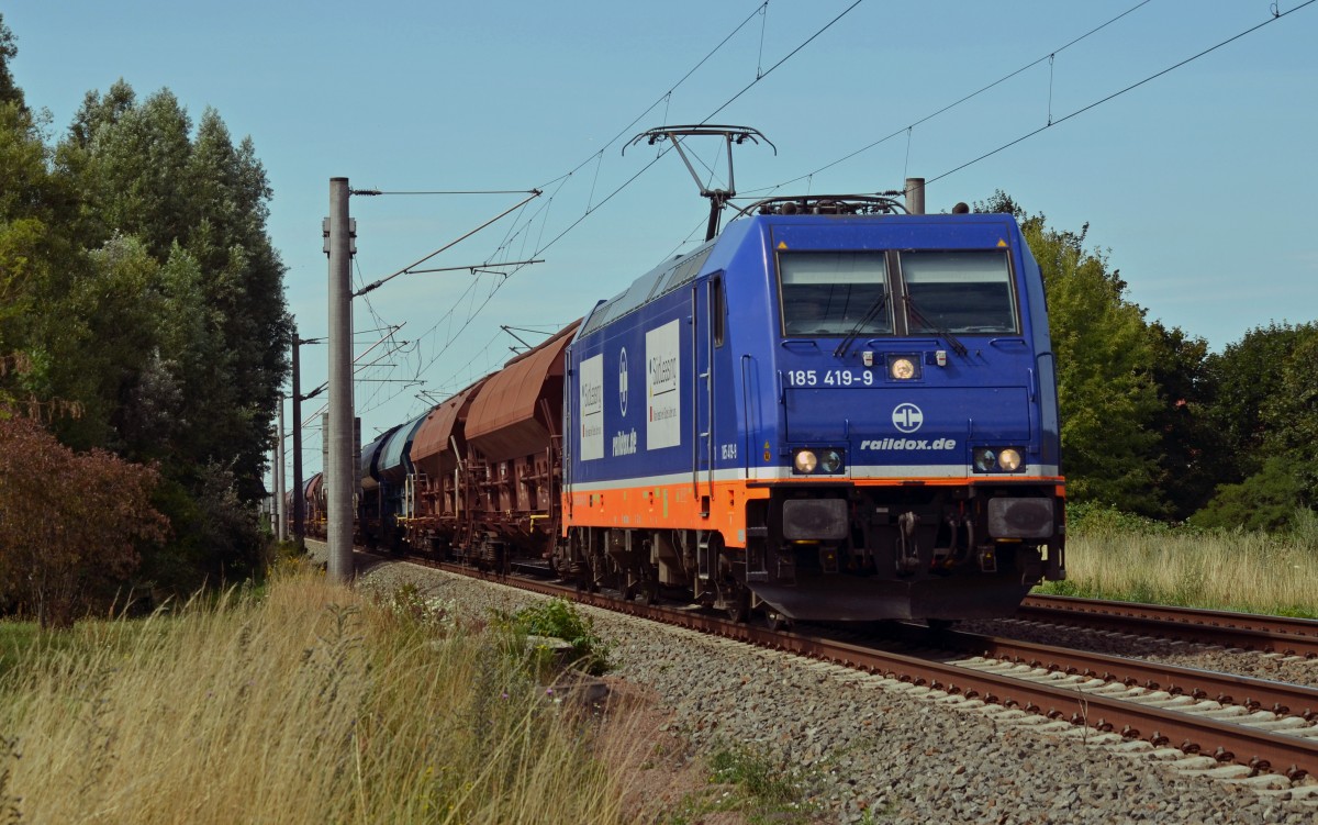 Mit einem Schwenkdachwagenzug fuhr 185 419 am 01.08.15 durch Greppin Richtung Bitterfeld.