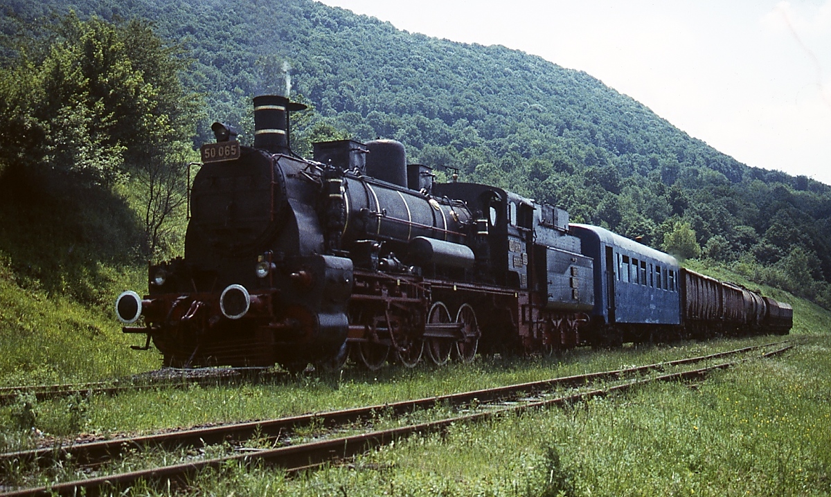 Mit einem Sonderzug ist die CFR 50 065 am 30.05.1995 auf der Strecke Oravita - Anina unterwegs. Bei der Lok handelt es sich um einen Nachbau der kkStB-Reihe 80, die von der StEG (Fabrik-Nr. 4498/1921) für die rumänische Staatsbahn gebaut wurde. Diese Lokomotiven waren auf dieser Strecke bis 1980 im Plandienst eingesetzt.