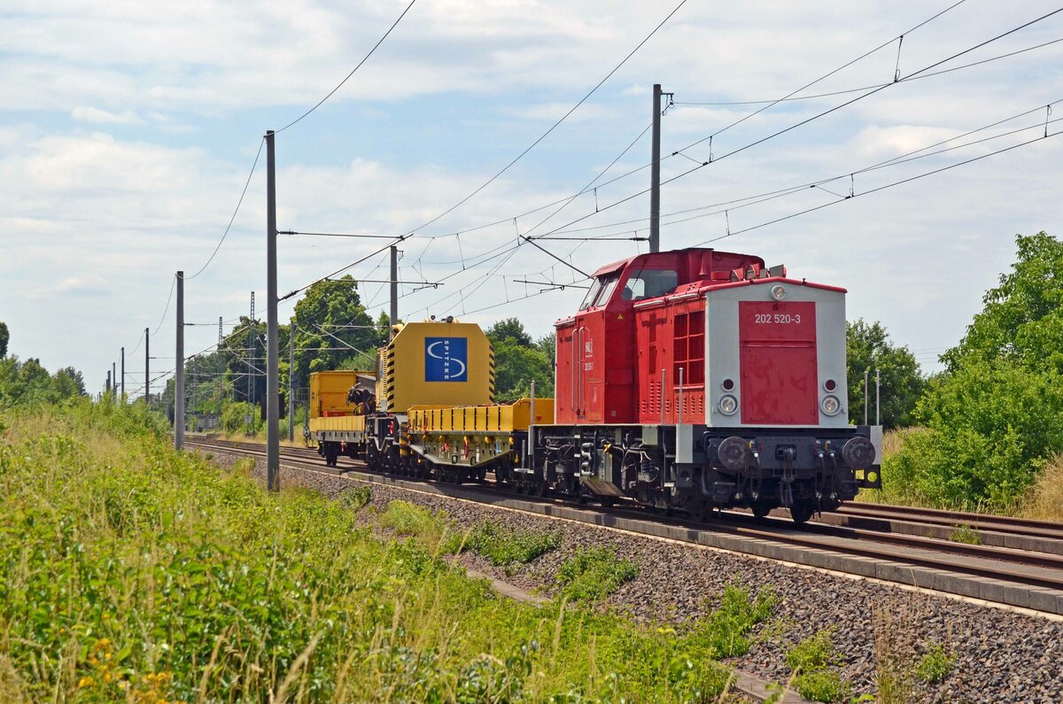 Mit einem Spitzke-Kran am Haken rollt 202 520 der SKL am 29.06.23 durch Brehna Richtung Bitterfeld.