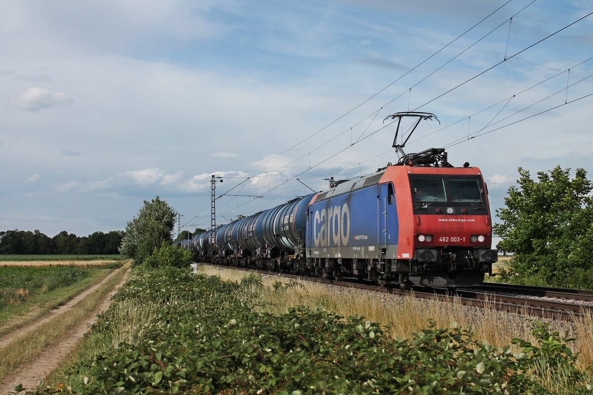 Mit einem vollen Kesselzug in die Schweiz fuhr am späten Nachmittag des 08.07.2020 die Re 482 003-1 südlich von Buggingen über die Rheintalbahn in Richtung Süden.