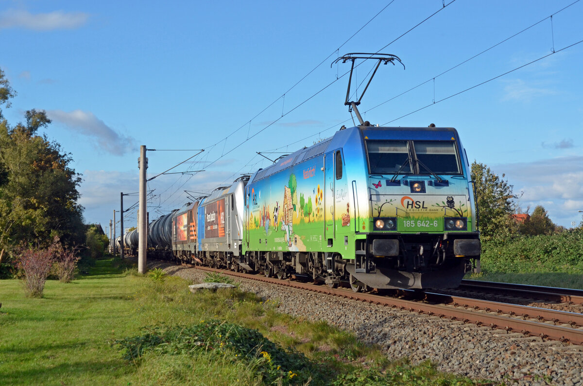 Mit gleich drei Loks der HSL war am 22.10.23 dieser Kesselwagenzug bespannt. Der Ecorider 185 642 schleppte 187 313 und 187 538 samt Kesselwagenzug durch Greppin Richtung Bitterfeld.