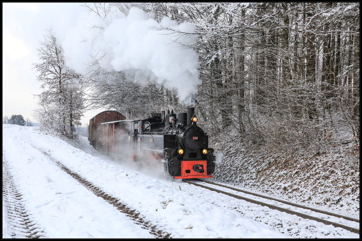 Mit jedem Abdampfstoß fiel frischer Schnee von den Bäumen..... 
764.411 R bei Einschnitt nach km 2,0 in Richtung Stainz. 
16.12.2018