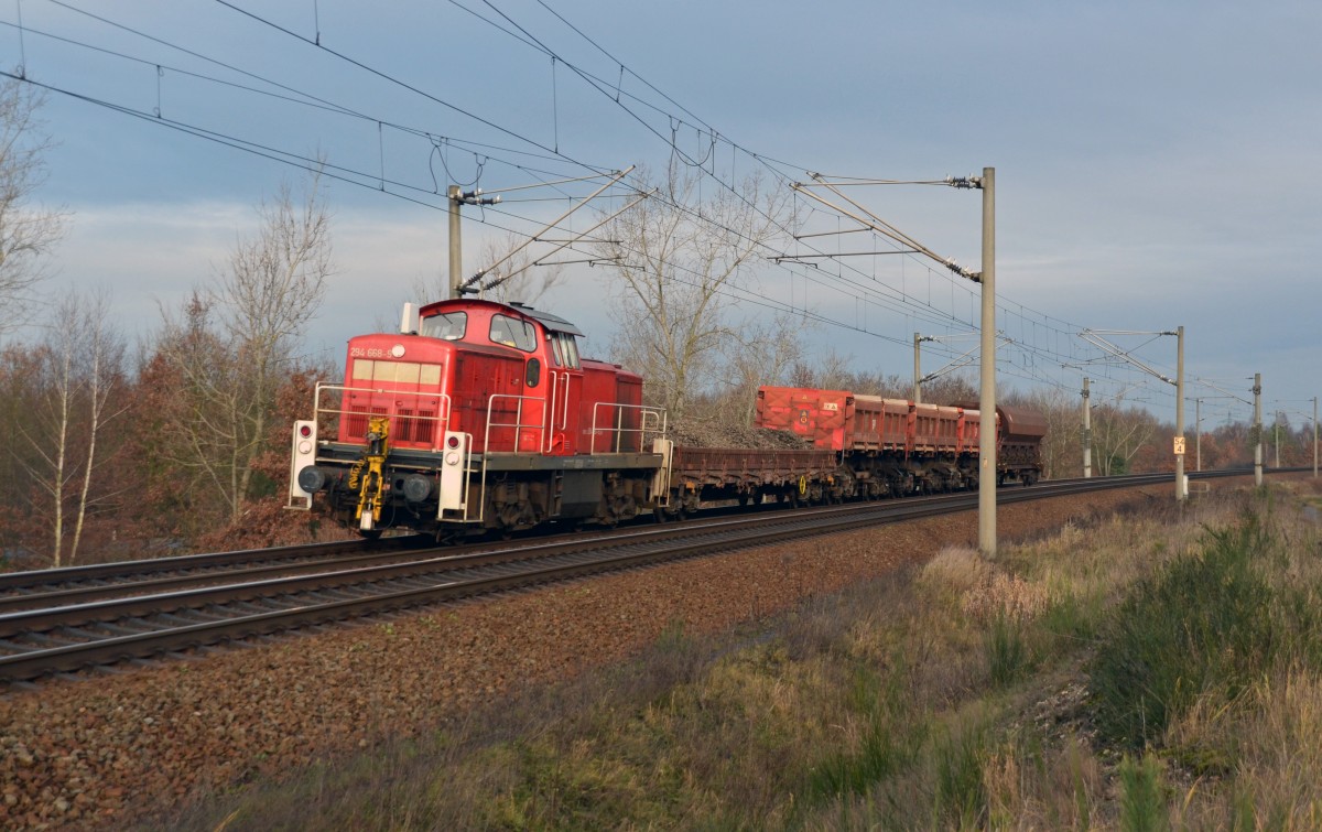 Mit einer kurzen Übergabe aus Bitterfeld fuhr 294 668 am 17.12.14 durch Petersroda Richtung Leipzig.