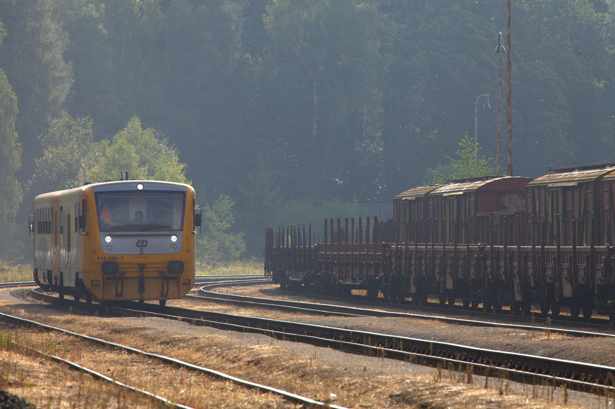 Mit merklicher Verspätung läuft hier 914 099-7 in Kamenne Zehrovice ein und wird den Fotografen nach Luzna u Rakovnika bringen. Es liegt noch ein deutlicher Frühnebel über den Gleisen.26.08.2017 09:08 Uhr, die reguläre Abfahrtszeit war 08:53 Uhr.
Rechts im Bild befinden sich zahlreiche abgestellte Güterwagen.