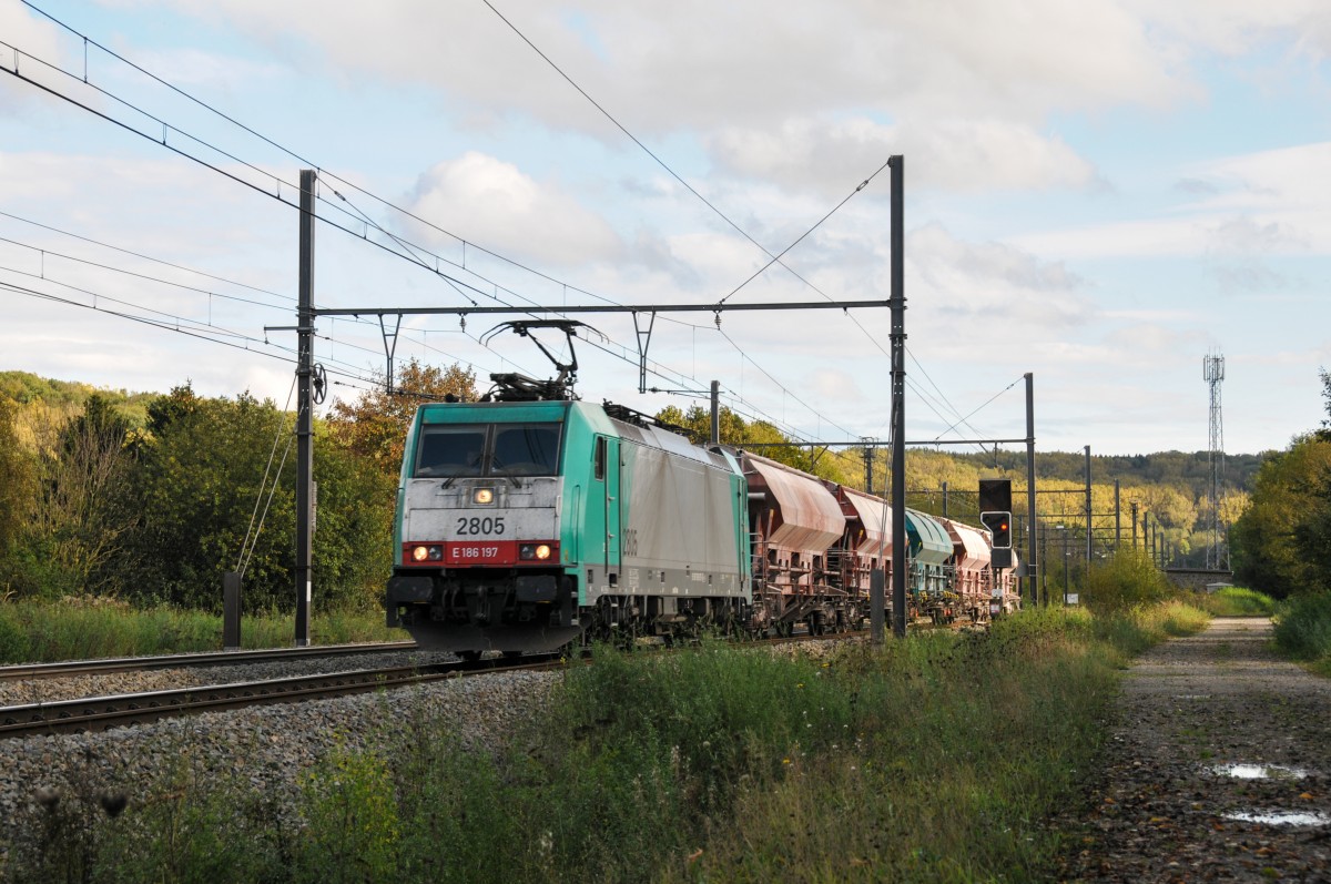 Mit nur fünf Wagen am Haken fährt Cobra-Lok 2805 (186 197) über die Montzenroute westwärts Richtung Visé, hier aufgenommen am 11/10/2014 hinter der Blockstelle bei Remersdael.