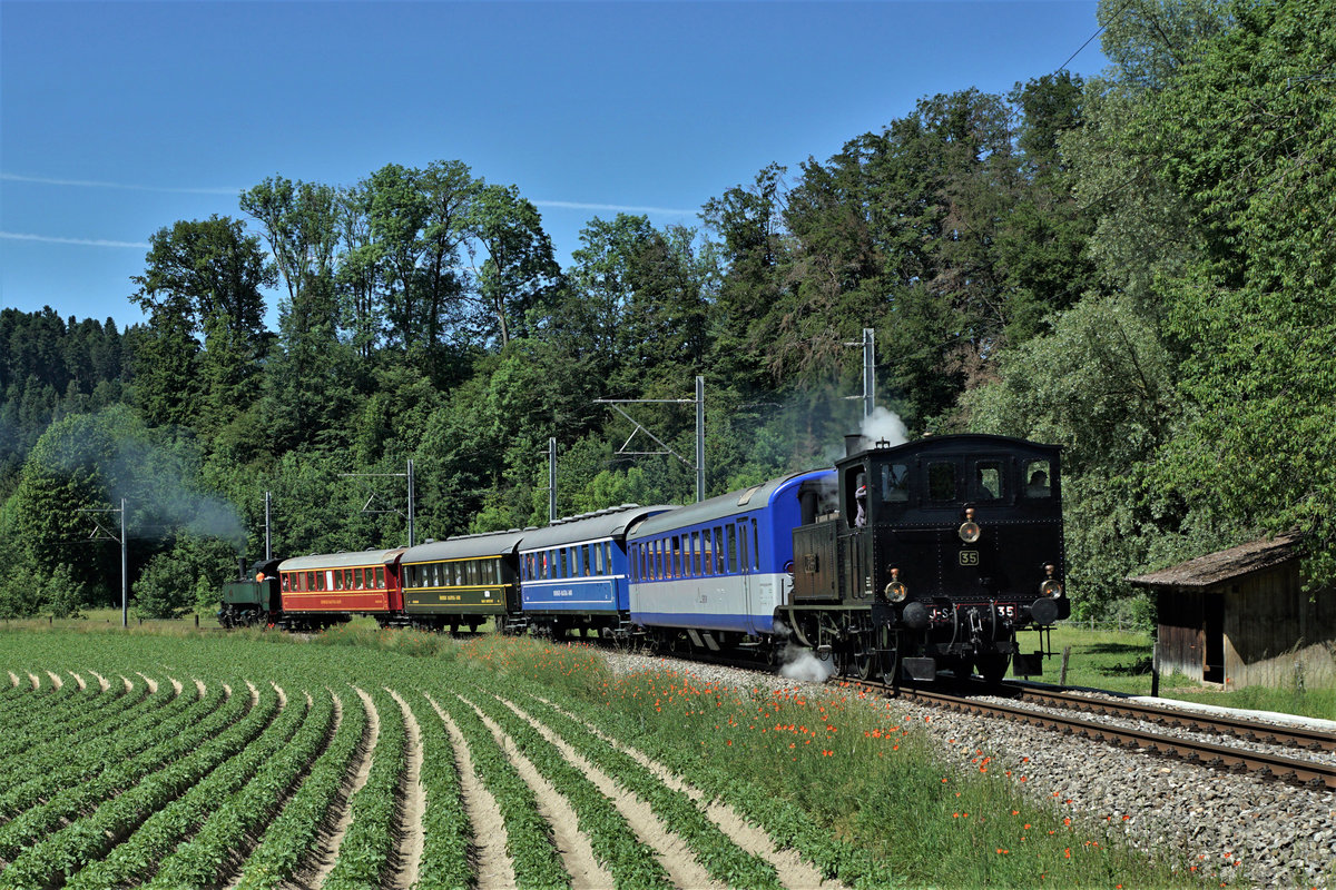 Mit der OeBB zum Gotthelf Märit.
Dieser traditionelle Gross-Anlass mit Märitbetrieb wie zu Gotthelfs Zeiten fand am 8. Juni 2019 statt. Die zahlreichen Festbesucher aus dem Kanton Solothurn reisten ab Balsthal mit einem stattlichen Sonderzug, bestehend aus den Ed 2x2 (Mallet, SBB Historic), Eb 2/4 JS (SBB Historic) und vier Salonwagen in den Kanton Bern nach Sumiswald. Ab dem Bahnhof Sumiswald wurden vom Verein Dampfbahn Bern Fahrten nach Huttwil und Wasen i.E. angeboten mit der Ed 3/4 Nr. 51 ex Bern Schwarzenburg Bahn. Weiter standen auch die beliebten Rundfahrten durchs Emmental ab dem Bahnhofplatz Sumiswald mit einem historischen Postauto der Marke Saurer auf dem Programm.
Der stattliche OeBB Dampfzug auf voller Fahrt nach Sumiswald bei Ramsei.
Foto: Walter Ruetsch

     