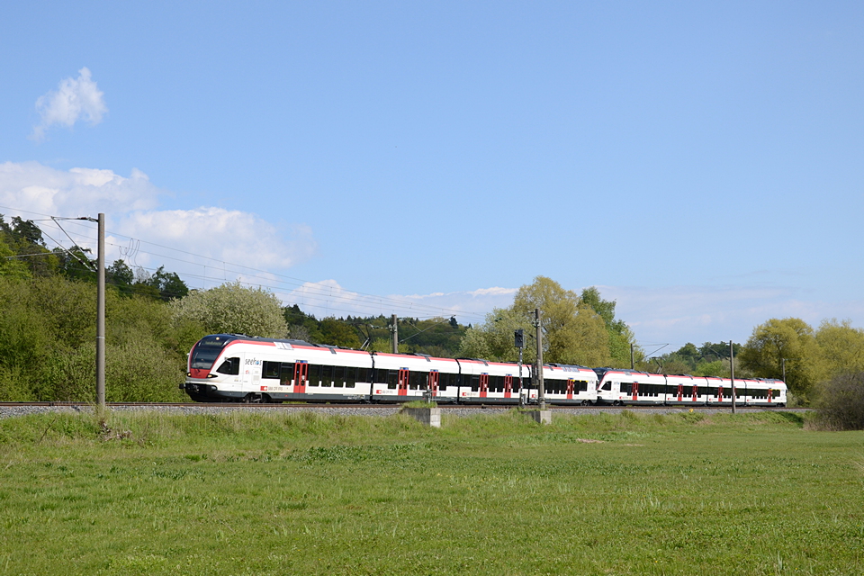 Mit RABe 521 208 und 206 kam SBB 87692 am 4. Mai 2016 nach Engen angefahren. Das Bild entstand in der Nähe des Haltepunktes Hegne an der KBS 720.