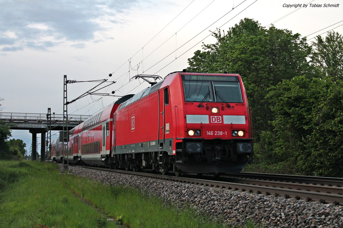 Mit einer RB (Offenburg - Müllheim (Baden)) fuhr am 13.05.2017 die 146 238-1 südlich von Buggingen durchs Rheintal, als sie nur noch wenige Kilometer vor sich hatte.