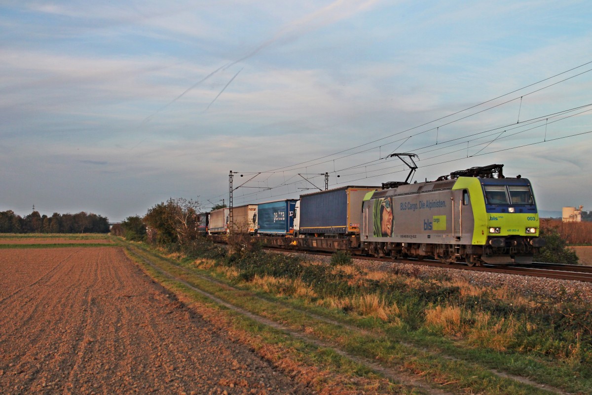 Mit einer RoLa (Freiburg (Brsg) Gbf - Novara) fuhr am 31.10.2014 die Re 485 003-8  BLS Cargo. Die Alpinisten.  südlich von Buggingen in Richtung Müllheim (Baden).