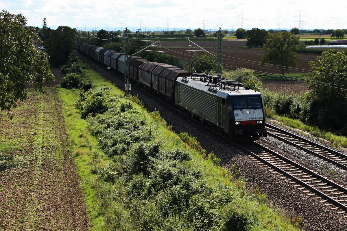 Mit einer satten Verspätung von mehreren Stunden fuhr am 24.08.2014 die ES 64 F4-280 von TXL mit dem Coilzug aus FS-Wagen in Richtung Ruhrgebiet, als sie zwischen Auggen und Müllheim (Baden) fuhr.